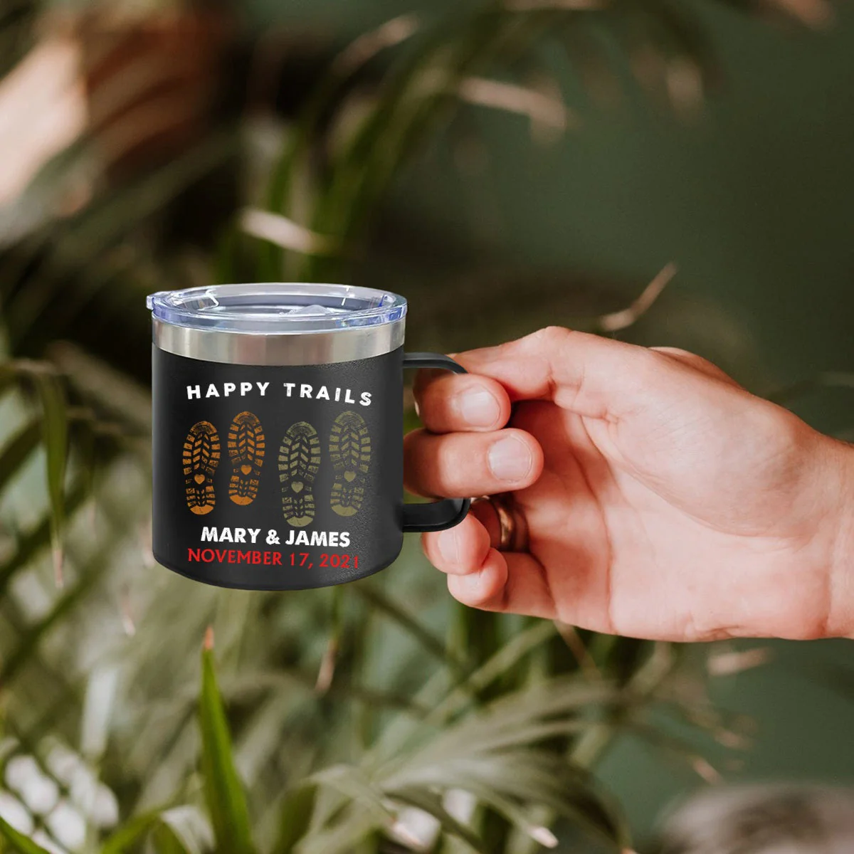 Happy Trails Adventure Awaits Hiking Camping Couple Gift - Personalized 14oz Stainless Steel Tumbler With Handle - Image 13