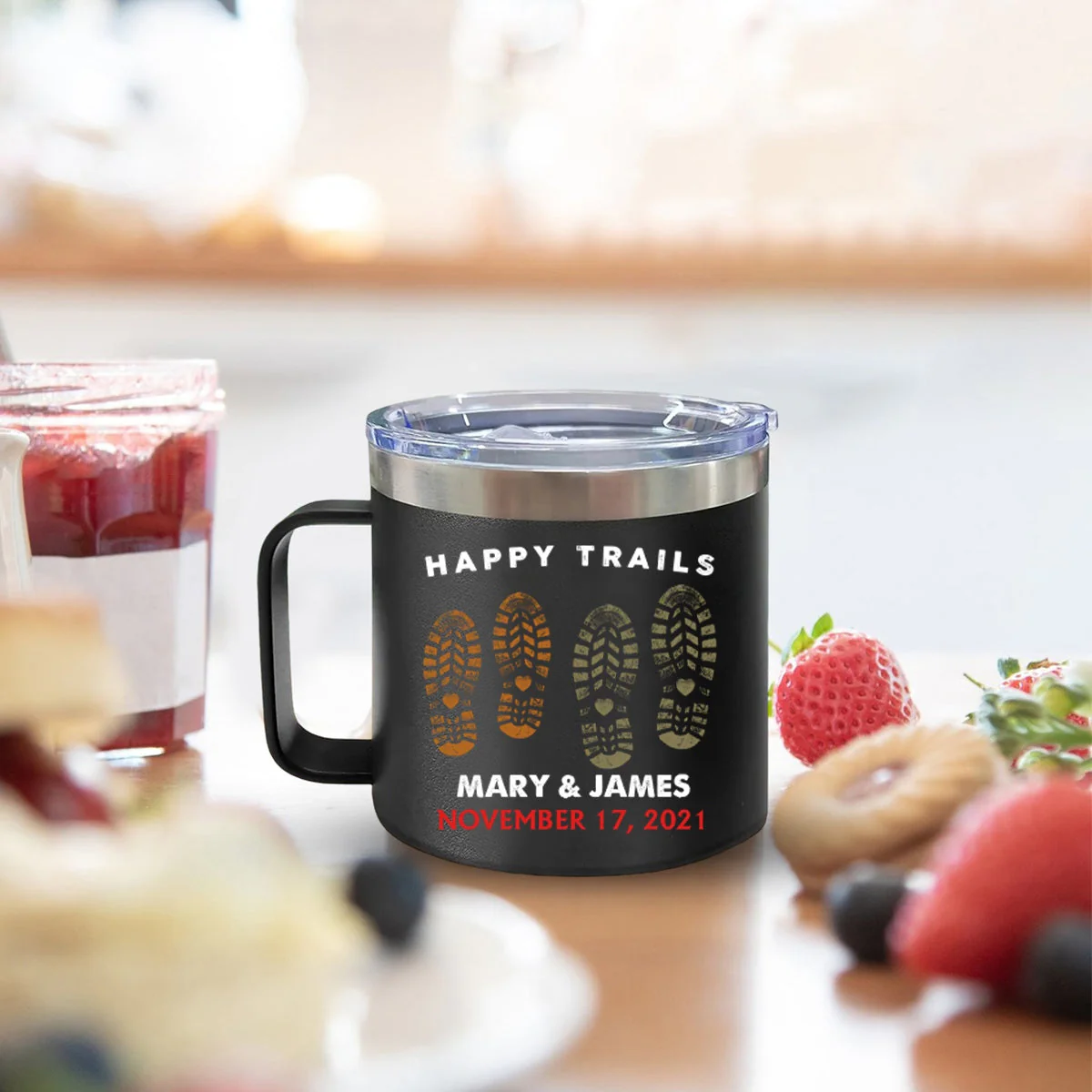 Happy Trails Adventure Awaits Hiking Camping Couple Gift - Personalized 14oz Stainless Steel Tumbler With Handle - Image 14