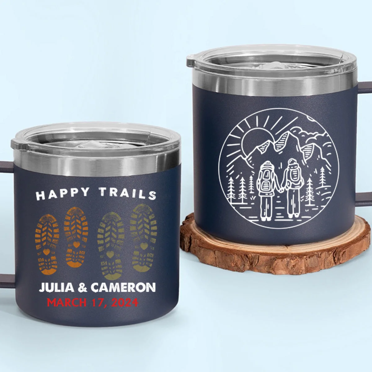 Happy Trails Adventure Awaits Hiking Camping Couple Gift - Personalized 14oz Stainless Steel Tumbler With Handle - Image 15