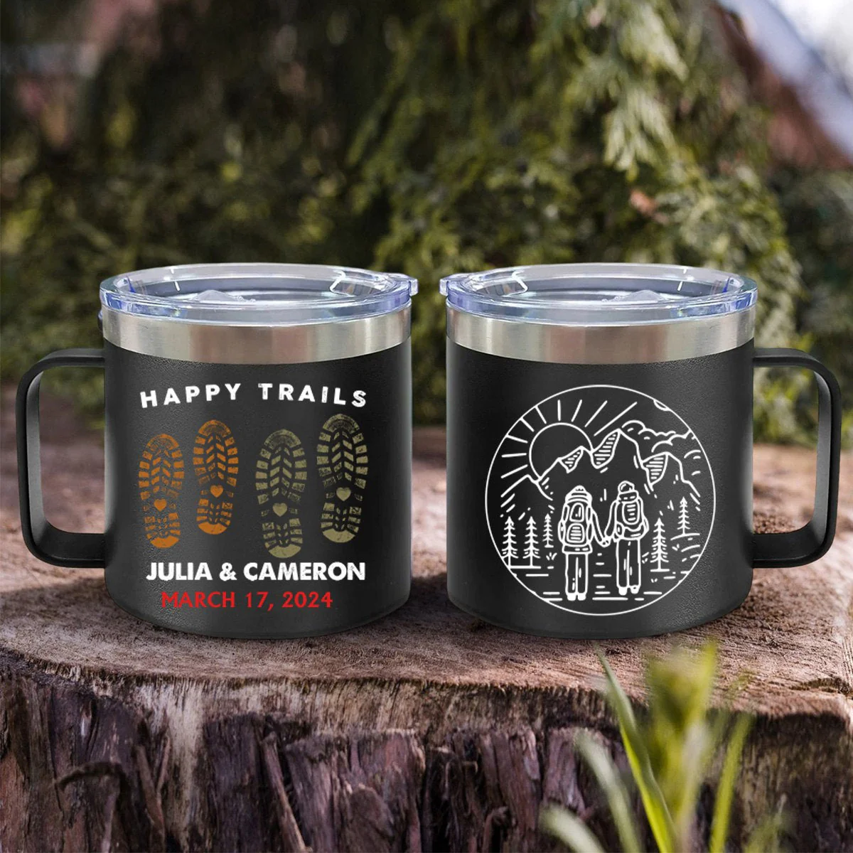 Happy Trails Adventure Awaits Hiking Camping Couple Gift - Personalized 14oz Stainless Steel Tumbler With Handle - Image 2