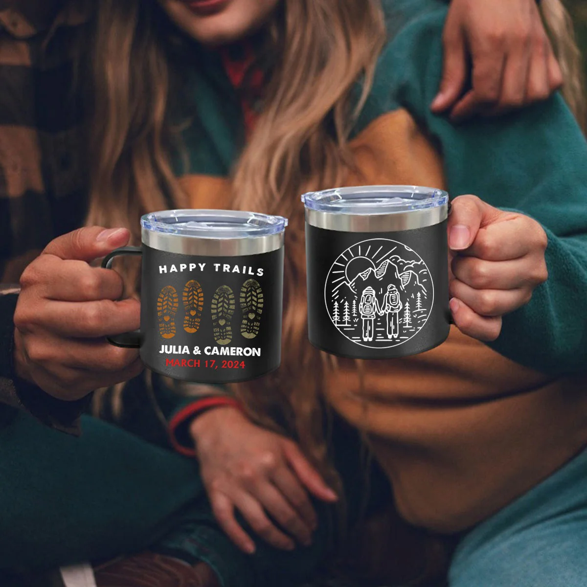 Happy Trails Adventure Awaits Hiking Camping Couple Gift - Personalized 14oz Stainless Steel Tumbler With Handle - Image 3