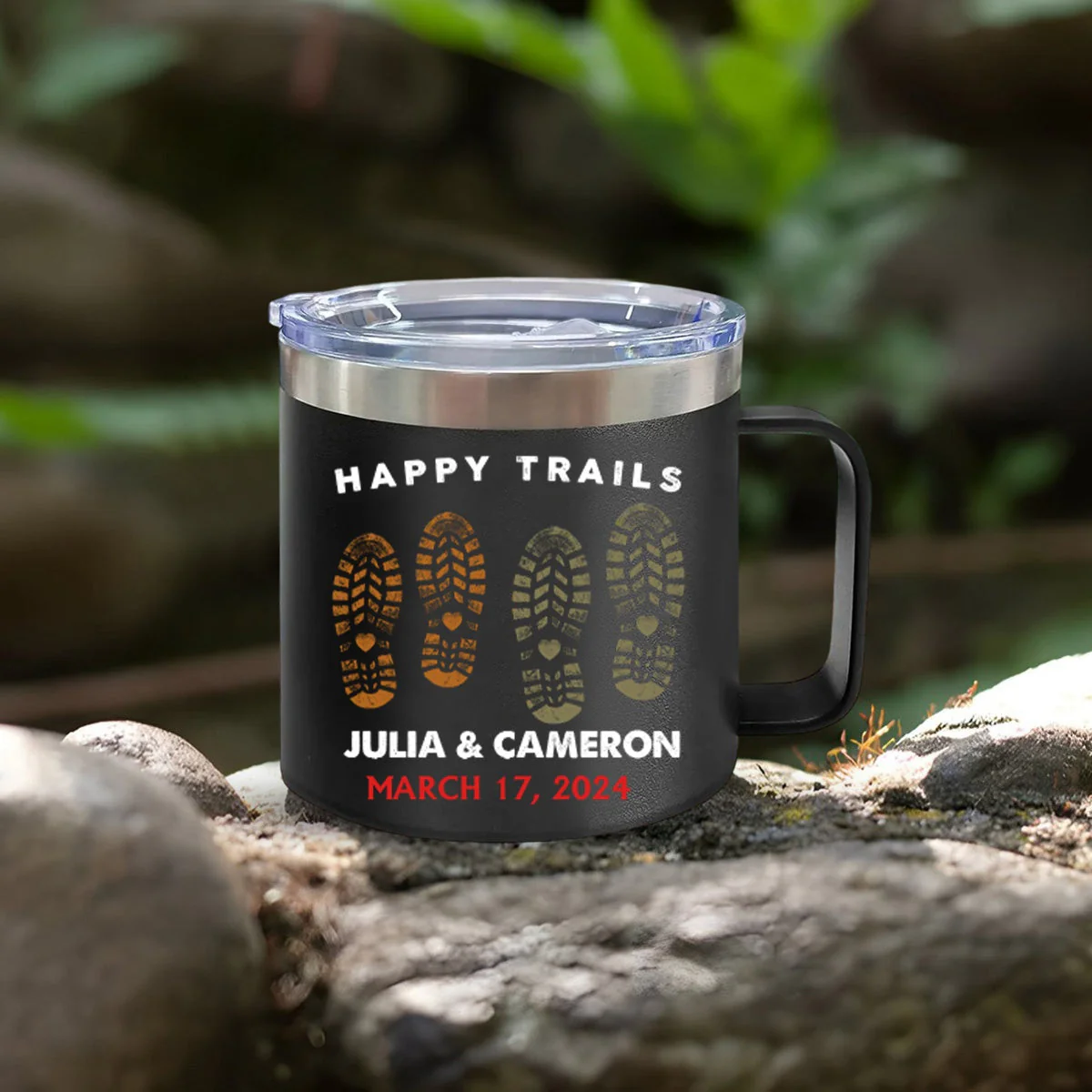 Happy Trails Adventure Awaits Hiking Camping Couple Gift - Personalized 14oz Stainless Steel Tumbler With Handle - Image 4