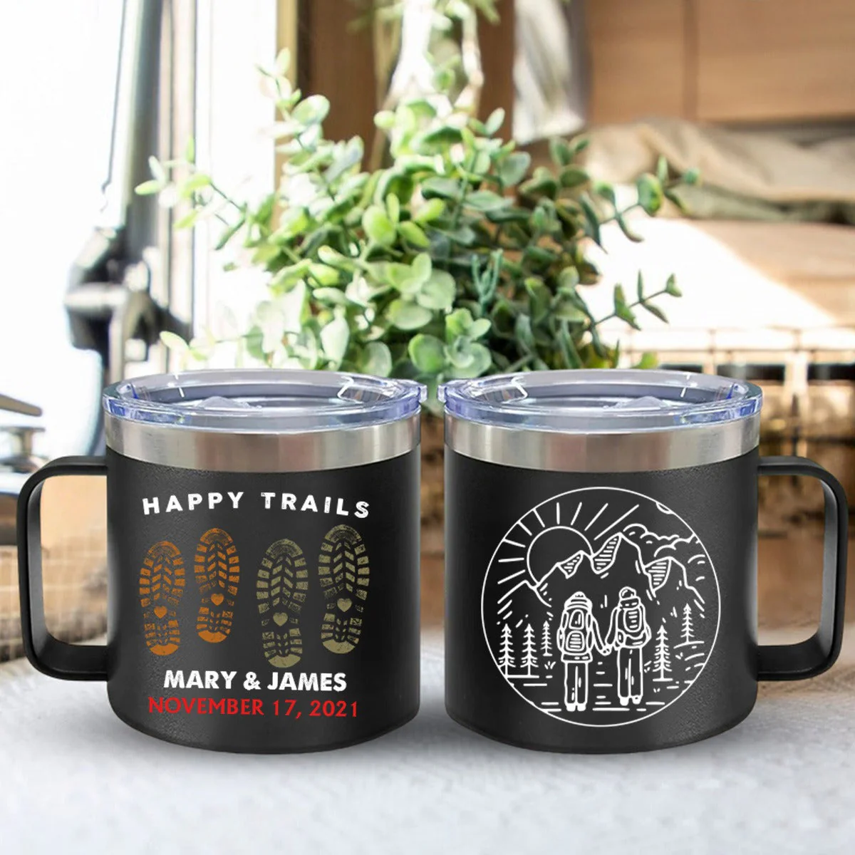 Happy Trails Adventure Awaits Hiking Camping Couple Gift - Personalized 14oz Stainless Steel Tumbler With Handle - Image 5