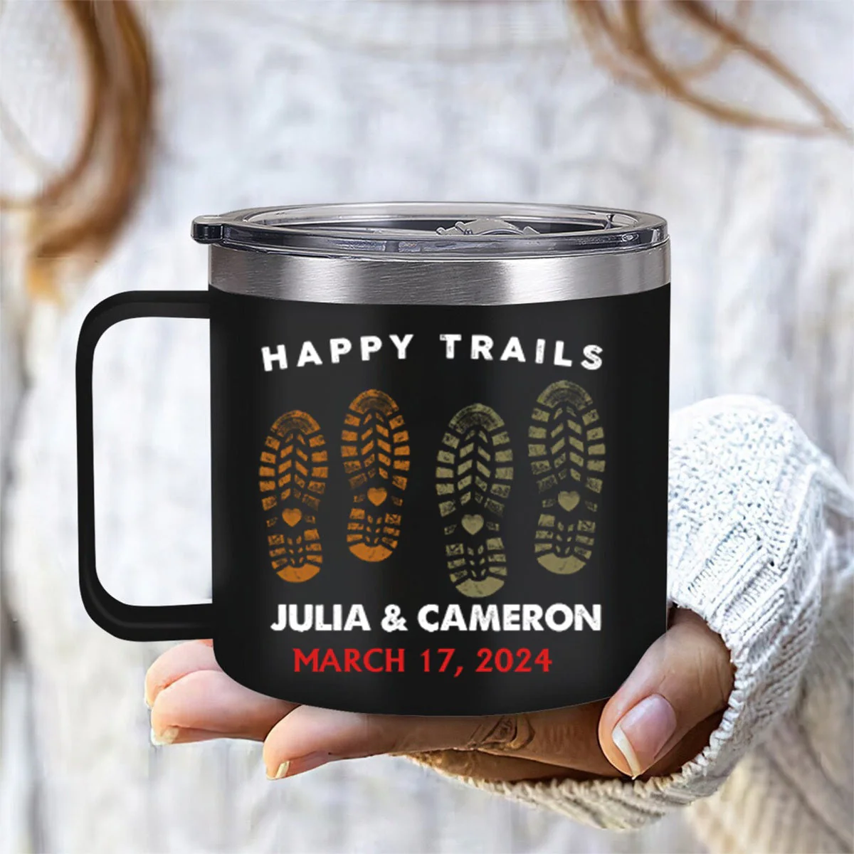Happy Trails Adventure Awaits Hiking Camping Couple Gift - Personalized 14oz Stainless Steel Tumbler With Handle - Image 6