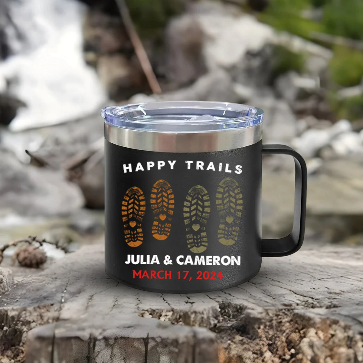 Happy Trails Adventure Awaits Hiking Camping Couple Gift - Personalized 14oz Stainless Steel Tumbler With Handle - Image 7