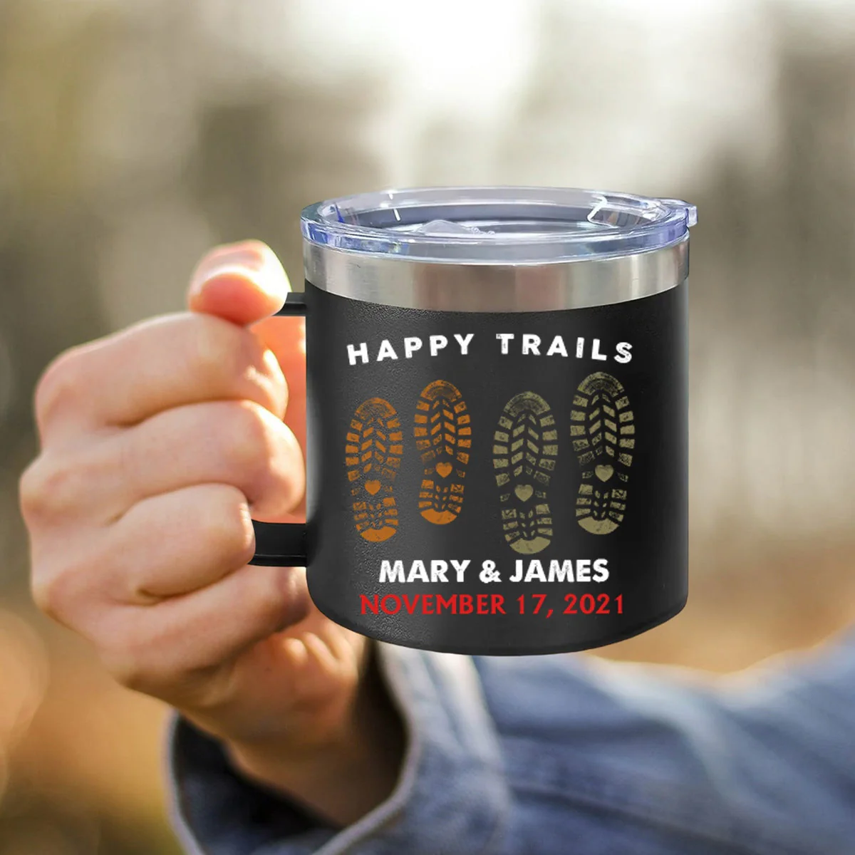 Happy Trails Adventure Awaits Hiking Camping Couple Gift - Personalized 14oz Stainless Steel Tumbler With Handle - Image 8