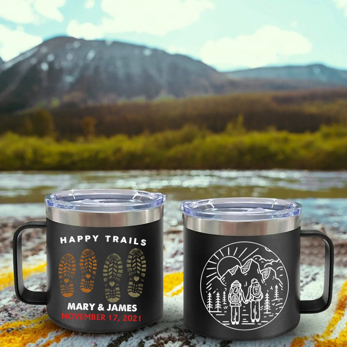 Happy Trails Adventure Awaits Hiking Camping Couple Gift - Personalized 14oz Stainless Steel Tumbler With Handle - Image 9