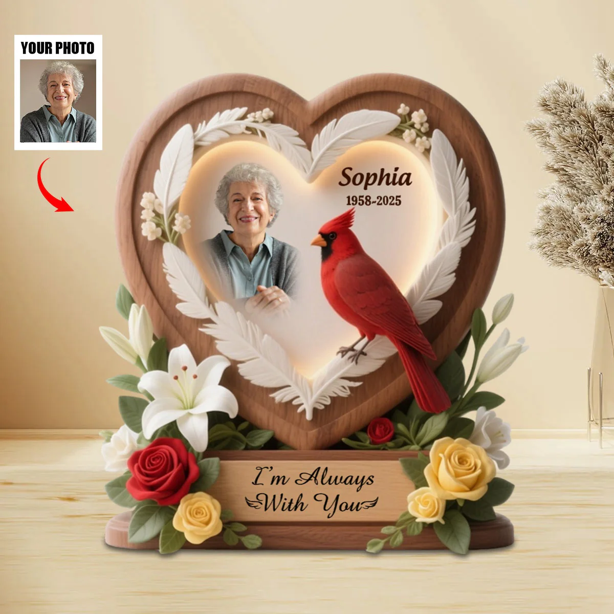 Heart Cardinal Memorial Personalized Acrylic Plaque Custom Shape - Image 2