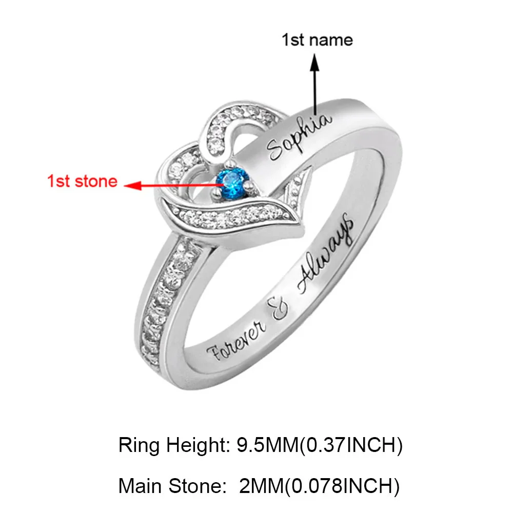 Heart Engraved Name and Birthstone Ring for Women Personalized 925 Sterling Silver Ring - Image 12