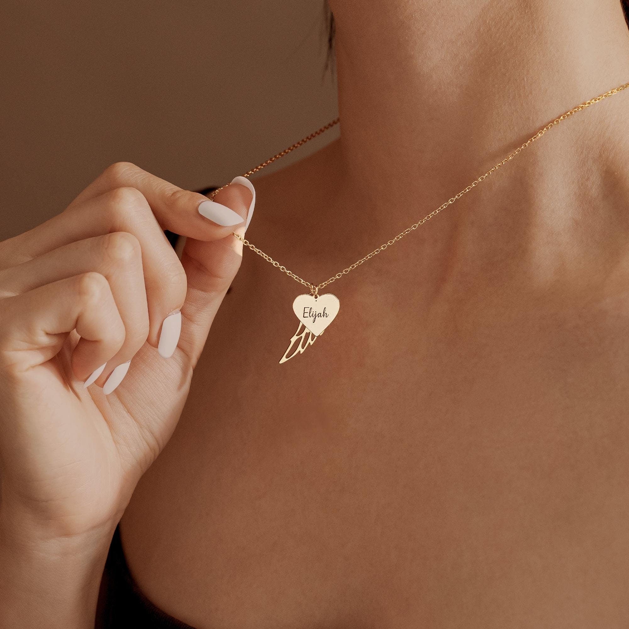 Heart Name Necklace with Wings Personalized  Memorial Angel Wing Necklace - Image 2