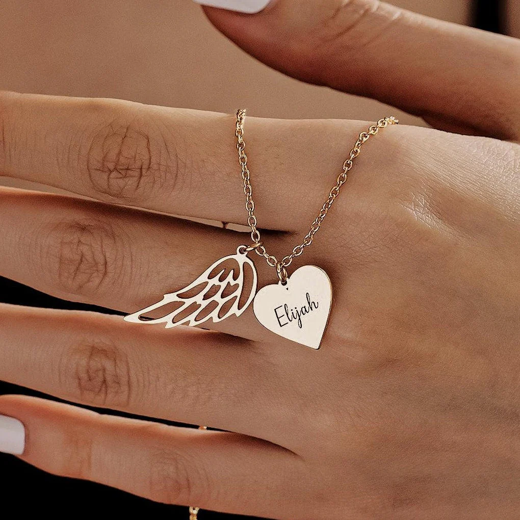 Heart Name Necklace with Wings Personalized  Memorial Angel Wing Necklace - Image 3
