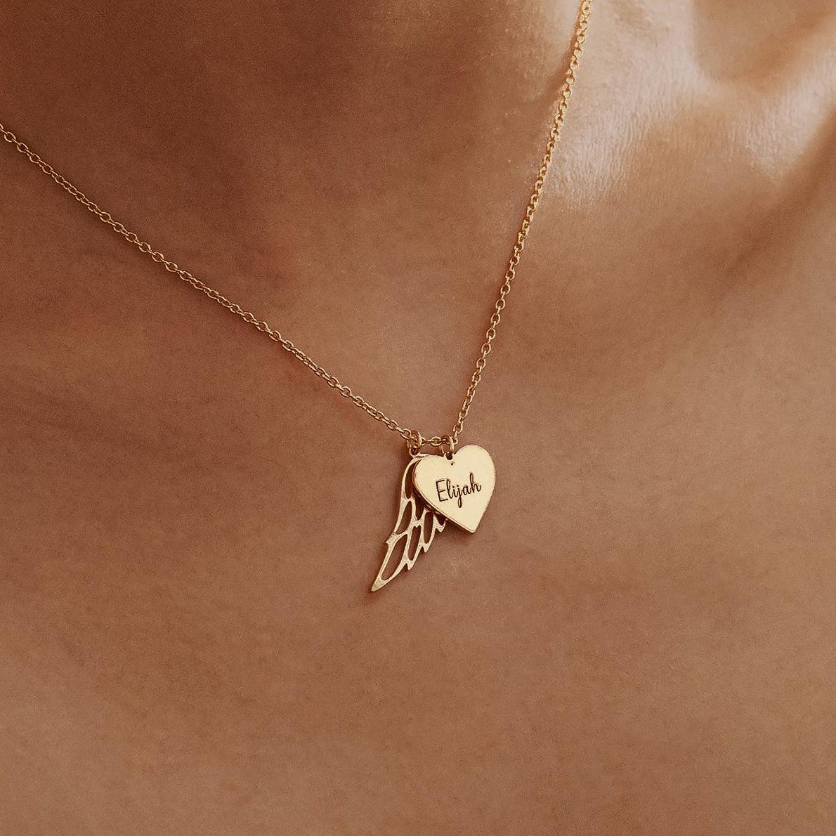 Heart Name Necklace with Wings Personalized  Memorial Angel Wing Necklace - Image 4