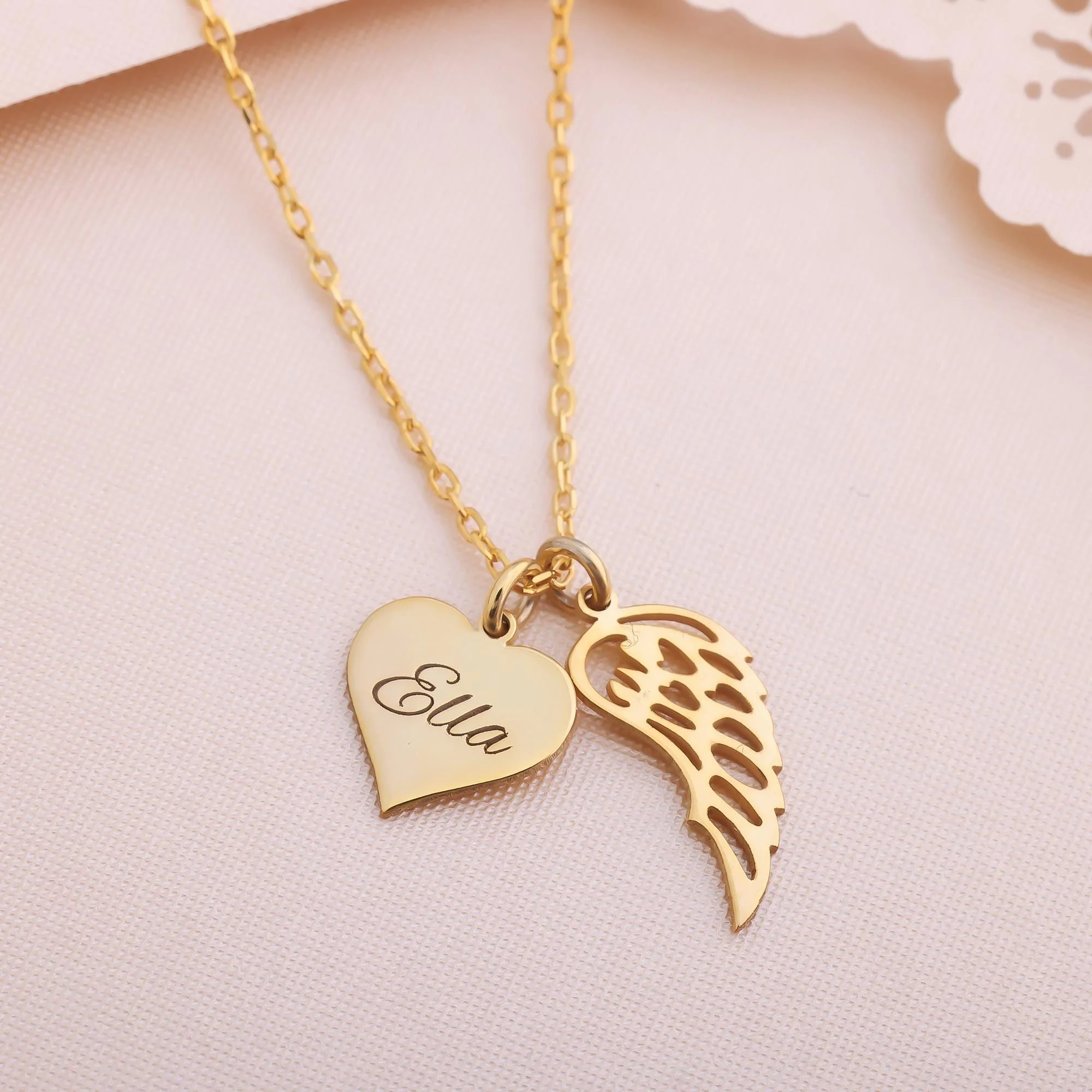 Heart Name Necklace with Wings Personalized  Memorial Angel Wing Necklace - Image 9