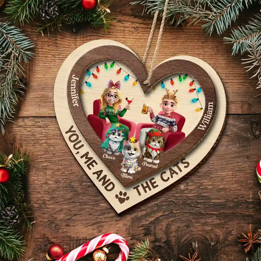 Heart You Me And The Cat - Personalized 2-Layered Wooden Ornament Gift For Cat Lover Couple - Image 2