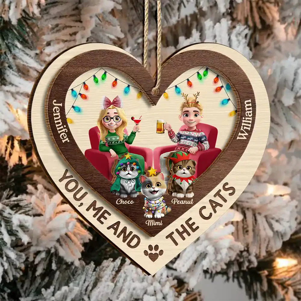Heart You Me And The Cat - Personalized 2-Layered Wooden Ornament Gift For Cat Lover Couple - Image 3