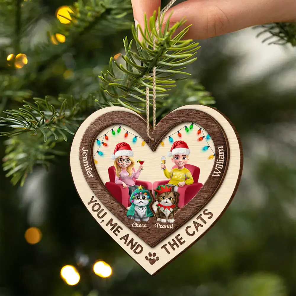 Heart You Me And The Cat - Personalized 2-Layered Wooden Ornament Gift For Cat Lover Couple - Image 4