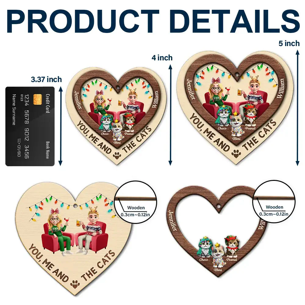 Heart You Me And The Cat - Personalized 2-Layered Wooden Ornament Gift For Cat Lover Couple - Image 5