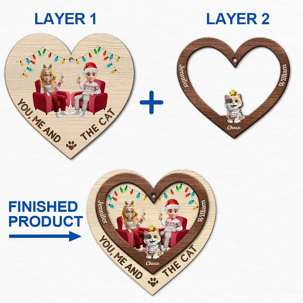 Heart You Me And The Cat - Personalized 2-Layered Wooden Ornament Gift For Cat Lover Couple - Image 6