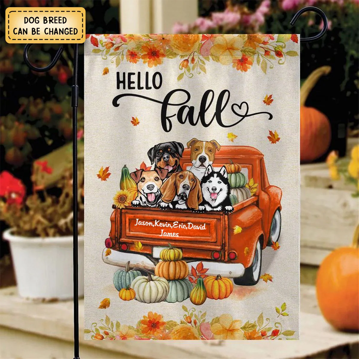 Hello Fall Dogs On Truck Personalized Garden Flag - Image 2