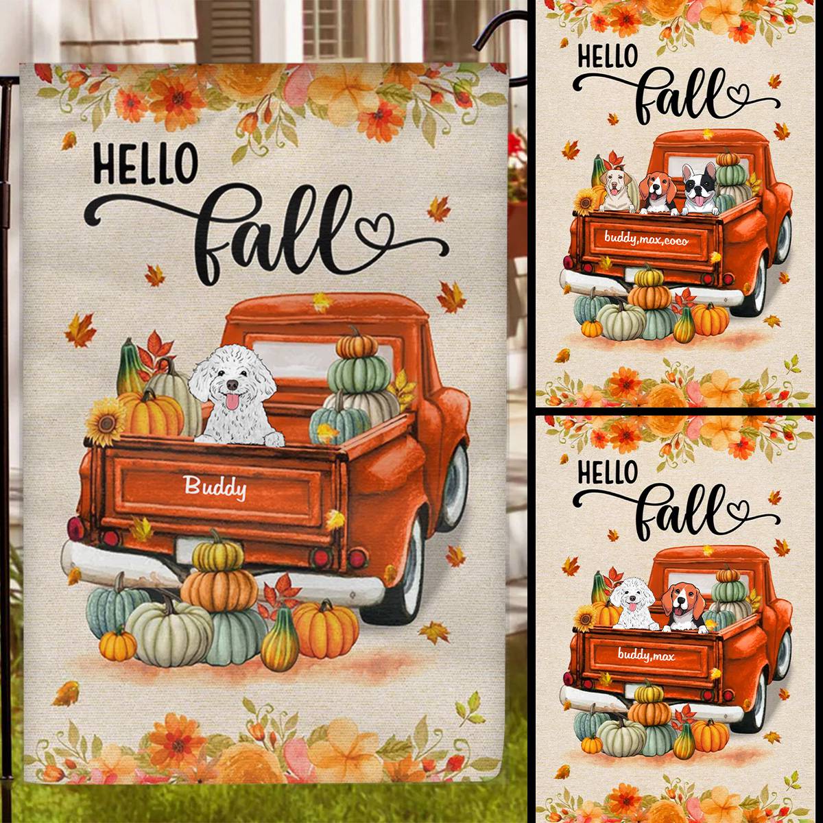 Hello Fall Dogs On Truck Personalized Garden Flag - Image 3