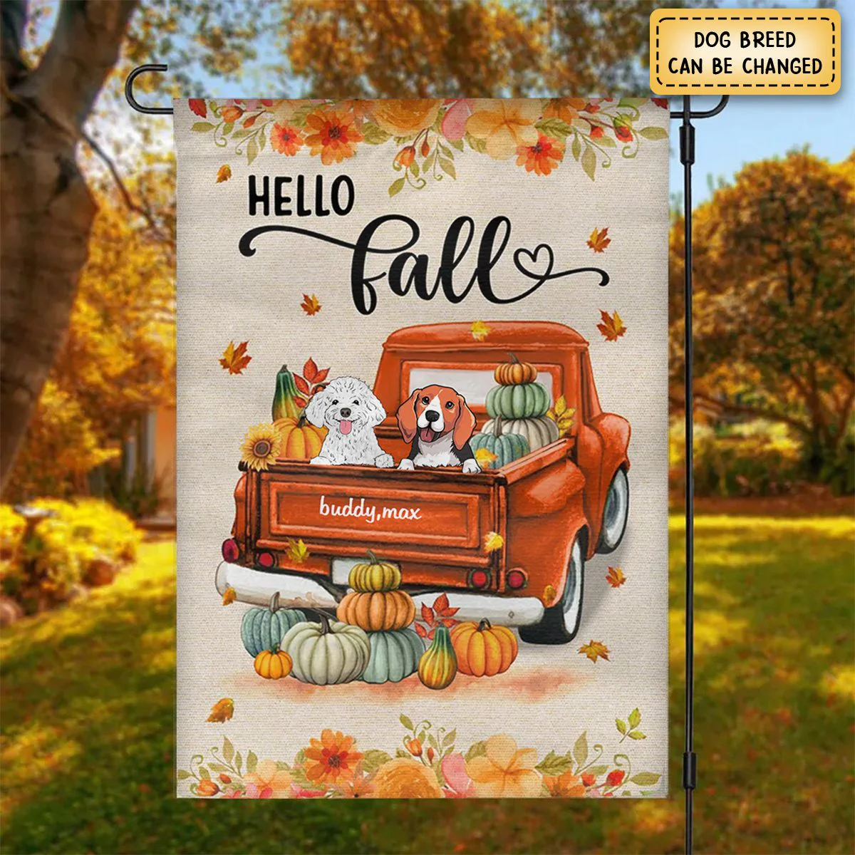 Hello Fall Dogs On Truck Personalized Garden Flag - Image 4