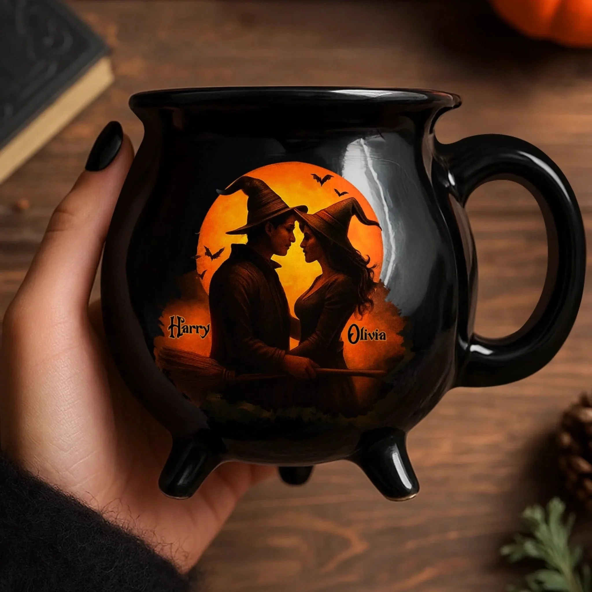 Him And Her - Two Souls One Magic - Personalized Anniversary Halloween Witch Cauldron Coffee Mug - Image 2