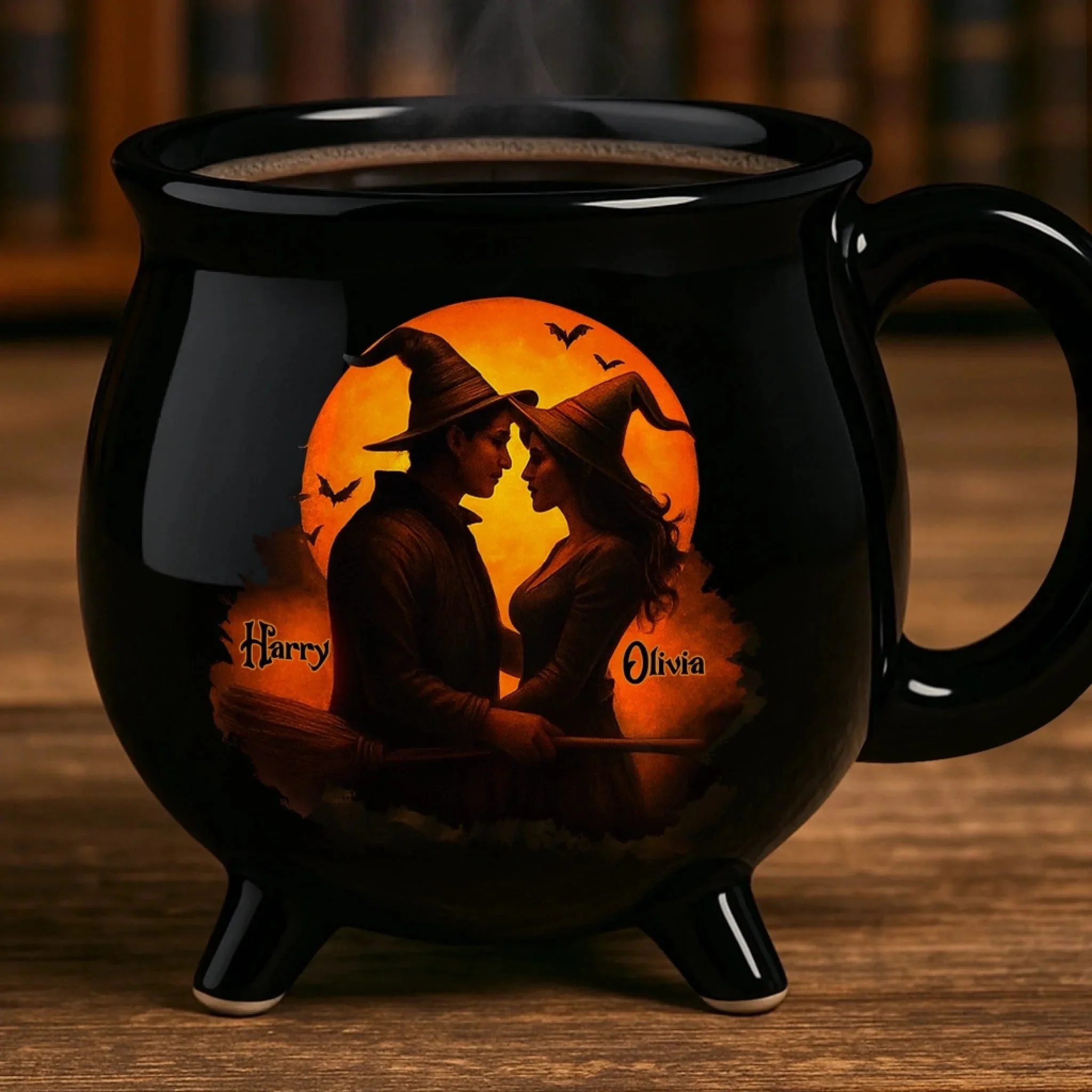 Him And Her - Two Souls One Magic - Personalized Anniversary Halloween Witch Cauldron Coffee Mug - Image 3