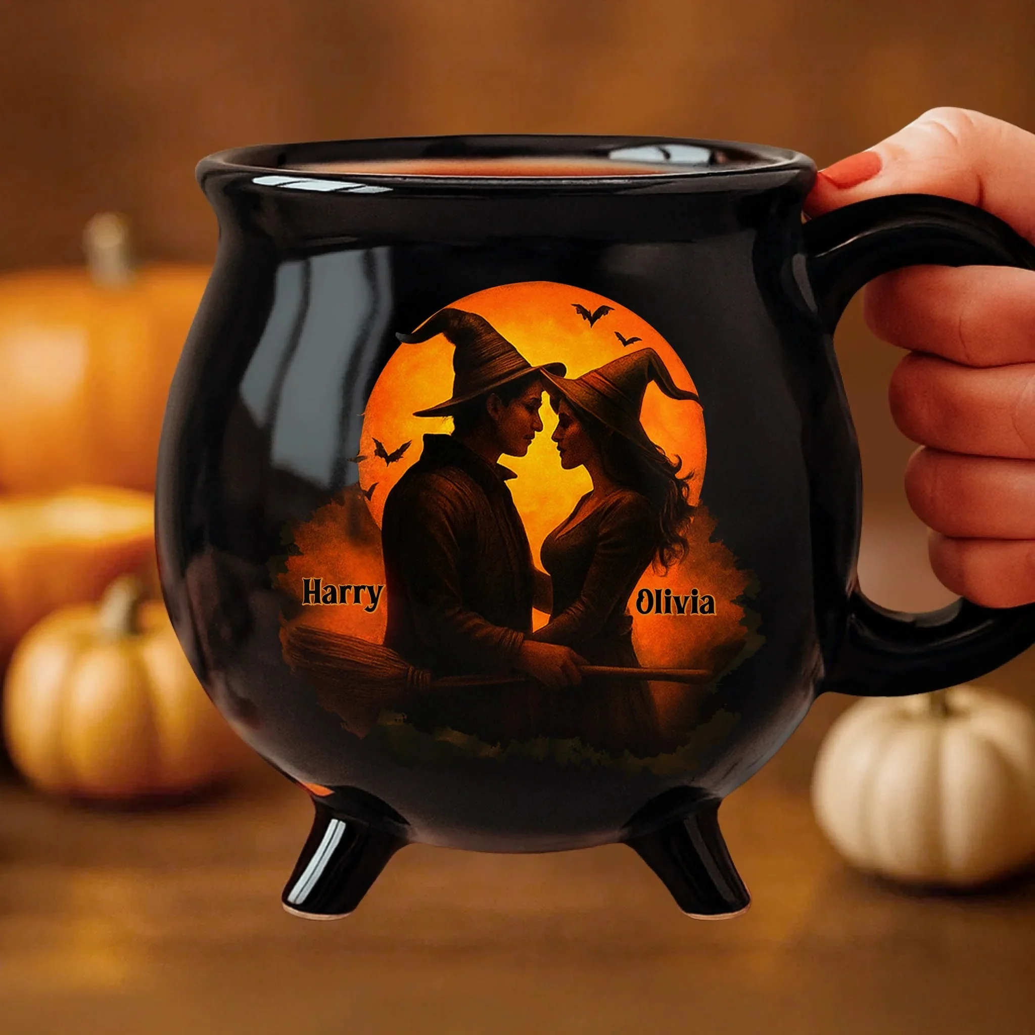 Him And Her - Two Souls One Magic - Personalized Anniversary Halloween Witch Cauldron Coffee Mug - Image 4