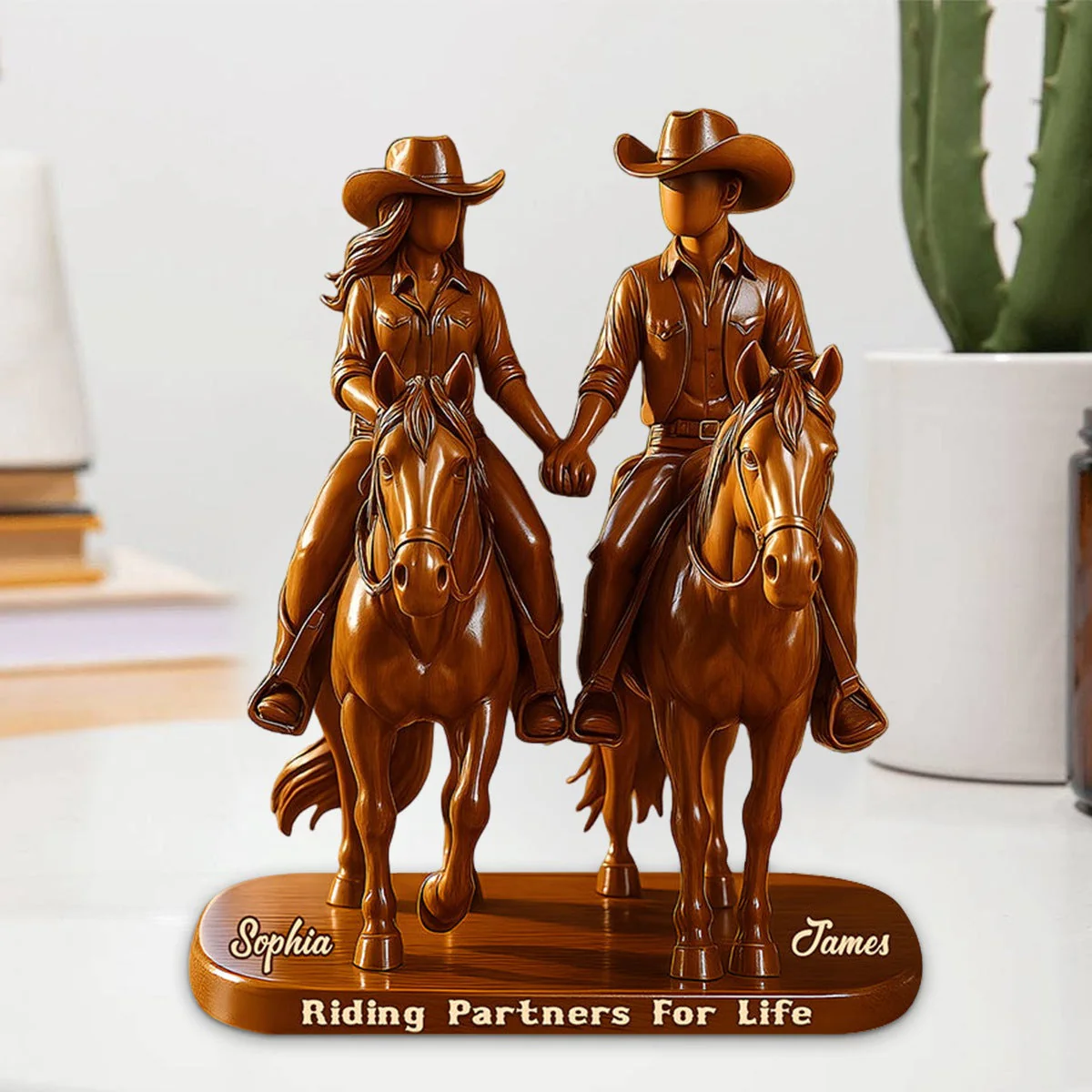 Hitched for Life Cowboy & Cowgirl Gift- Personalized Cowgirl Custom Shaped Acrylic Plaque - Image 2