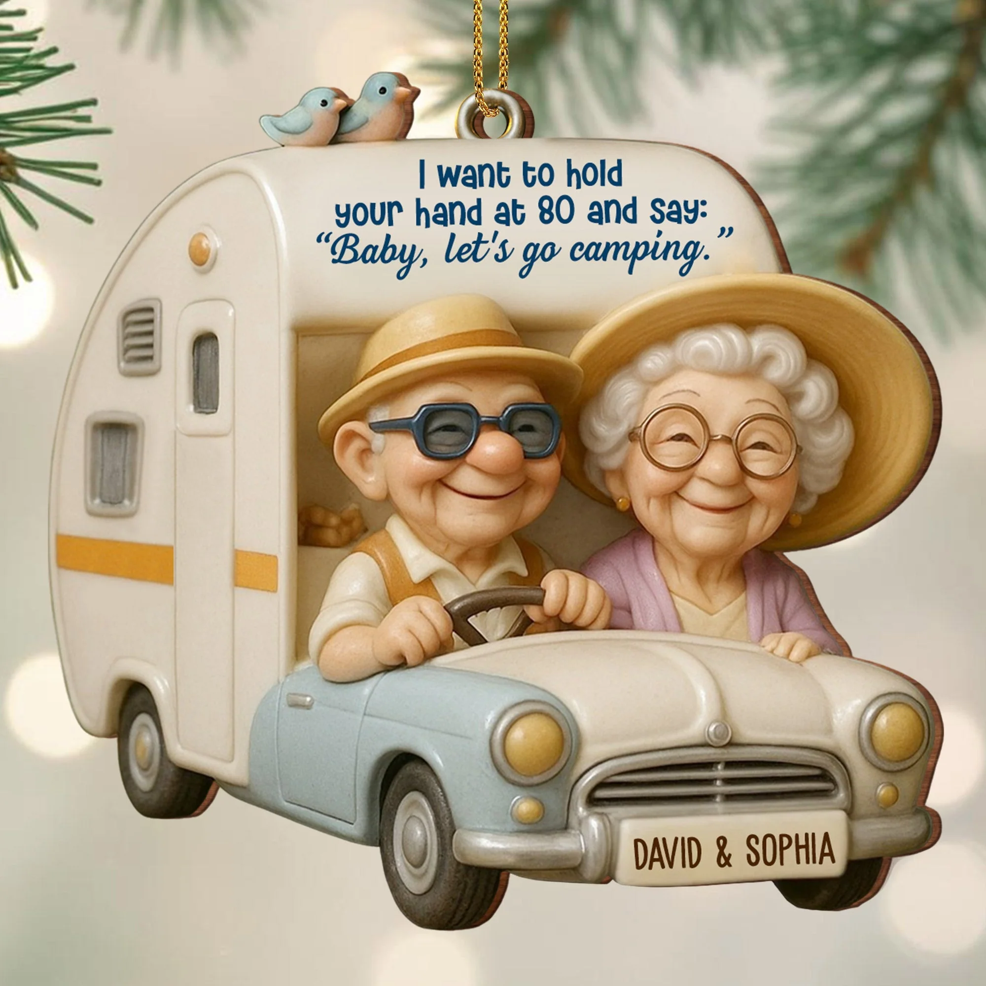 Hold Your Hand At 80, Baby Let’s Go Camping, Custom Wood Ornament, Gift For Elderly Couples - Image 2