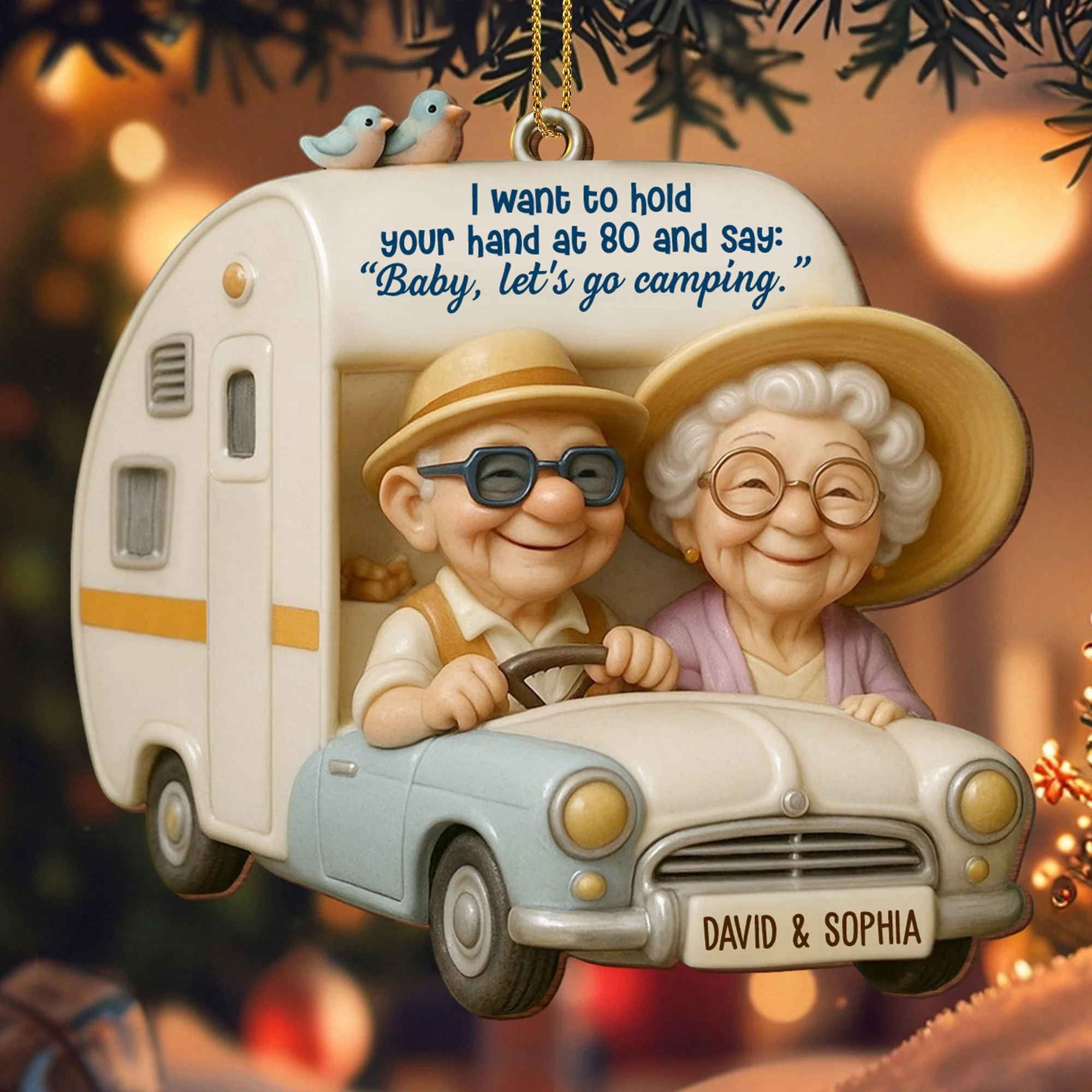 Hold Your Hand At 80, Baby Let’s Go Camping, Custom Wood Ornament, Gift For Elderly Couples - Image 3