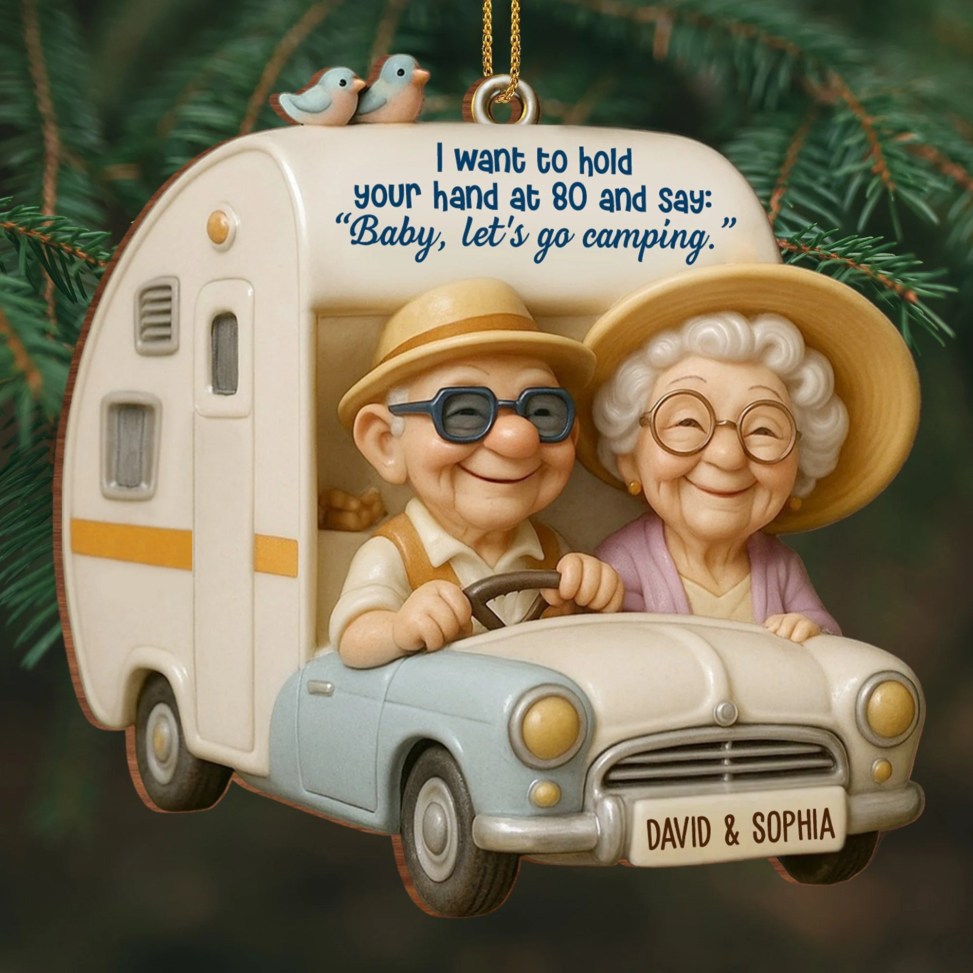 Hold Your Hand At 80, Baby Let’s Go Camping, Custom Wood Ornament, Gift For Elderly Couples - Image 4