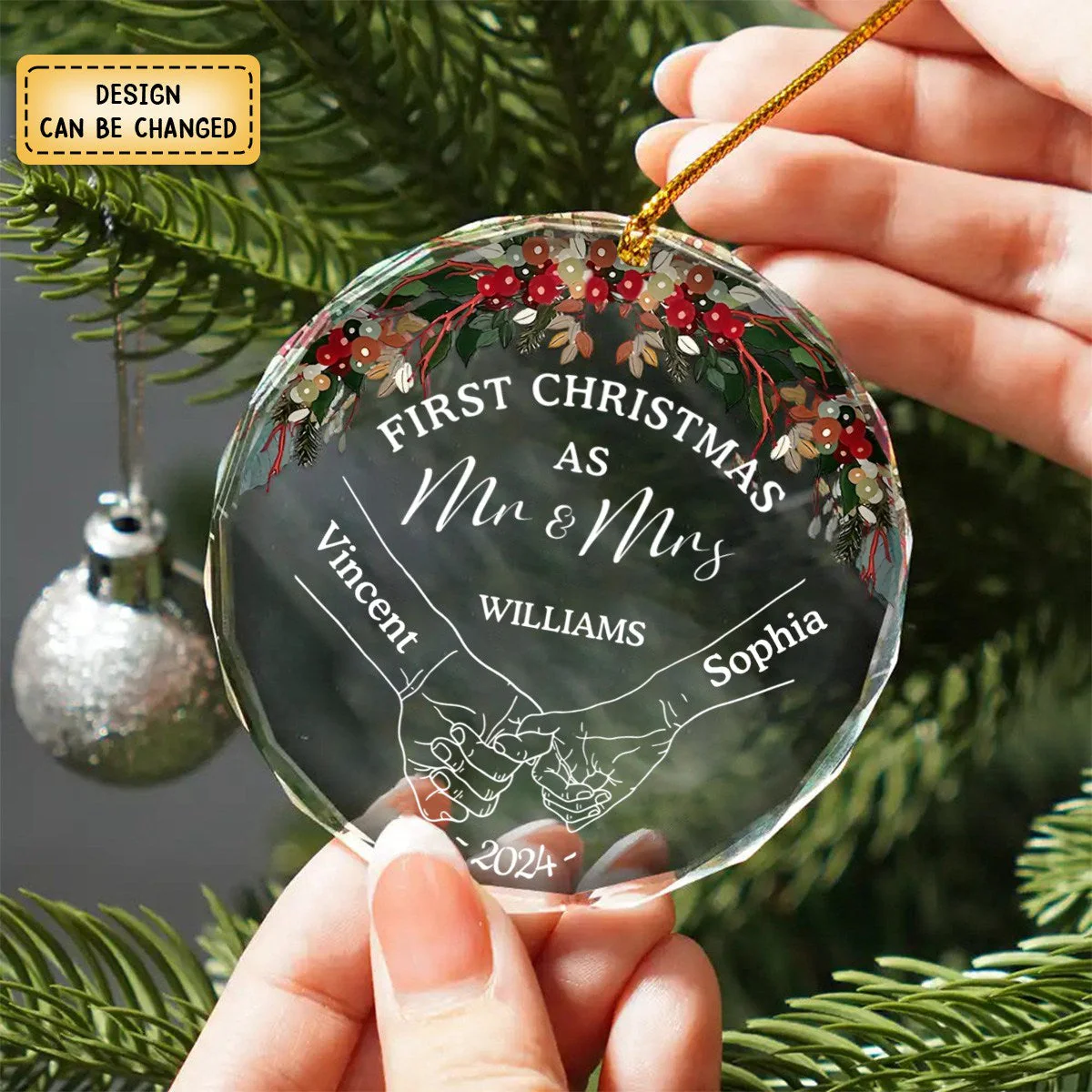 Holding Hands First Christmas Couple - Personalized Circle Glass Ornament - Image 4