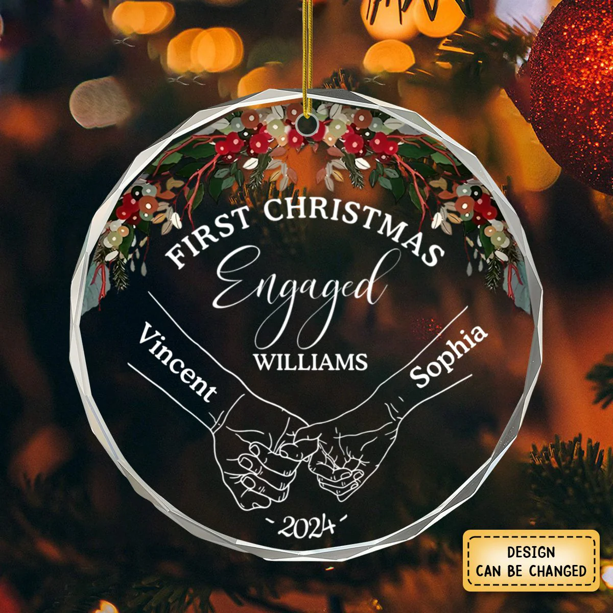 Holding Hands First Christmas Couple - Personalized Circle Glass Ornament - Image 5