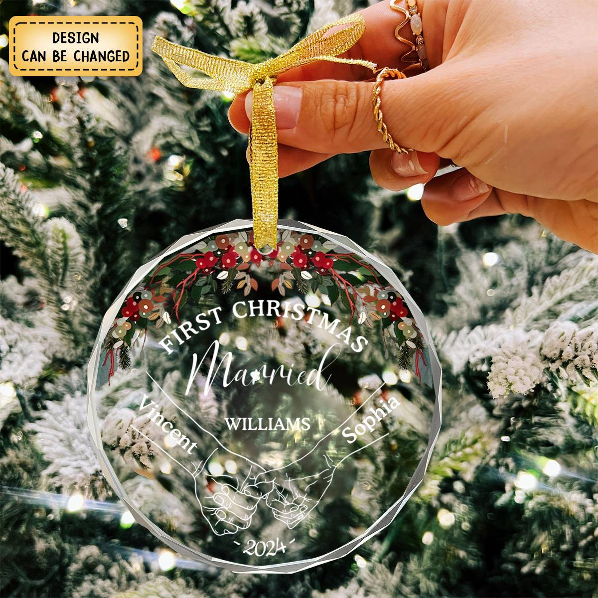 Holding Hands First Christmas Couple - Personalized Circle Glass Ornament - Image 6