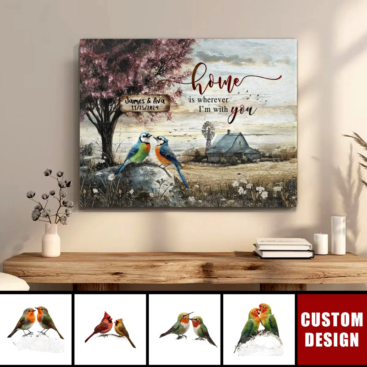 Home Is Wherever I’m With You - Personalized Gift for Couples Cardinals Farmhouse Canvas Wall Art - Image 3