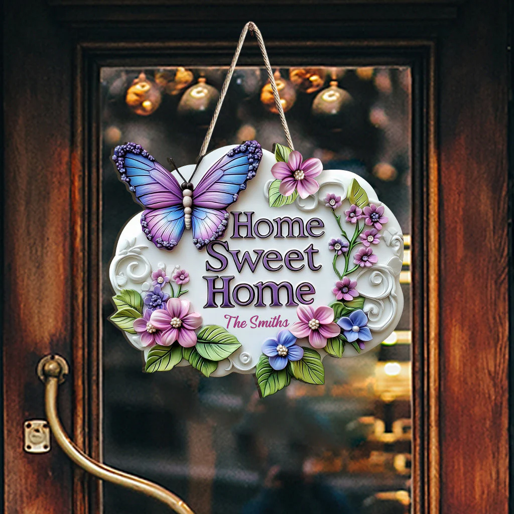 Home Sweet Home - Personalized Butterfly Flower Wood Sign - Image 2