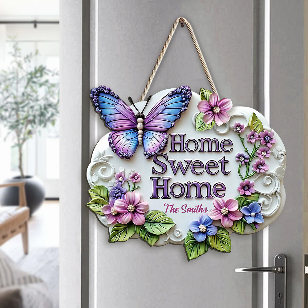 Home Sweet Home - Personalized Butterfly Flower Wood Sign - Image 3