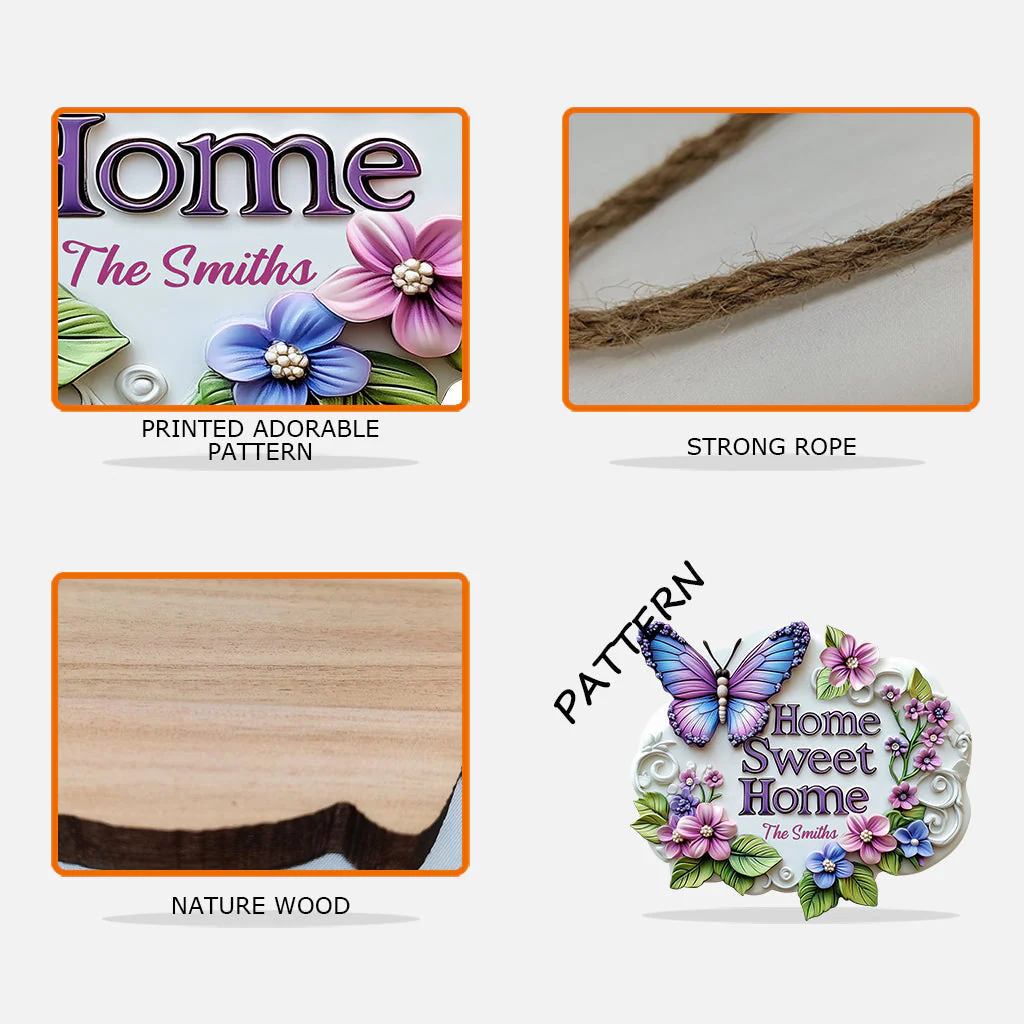 Home Sweet Home - Personalized Butterfly Flower Wood Sign - Image 4