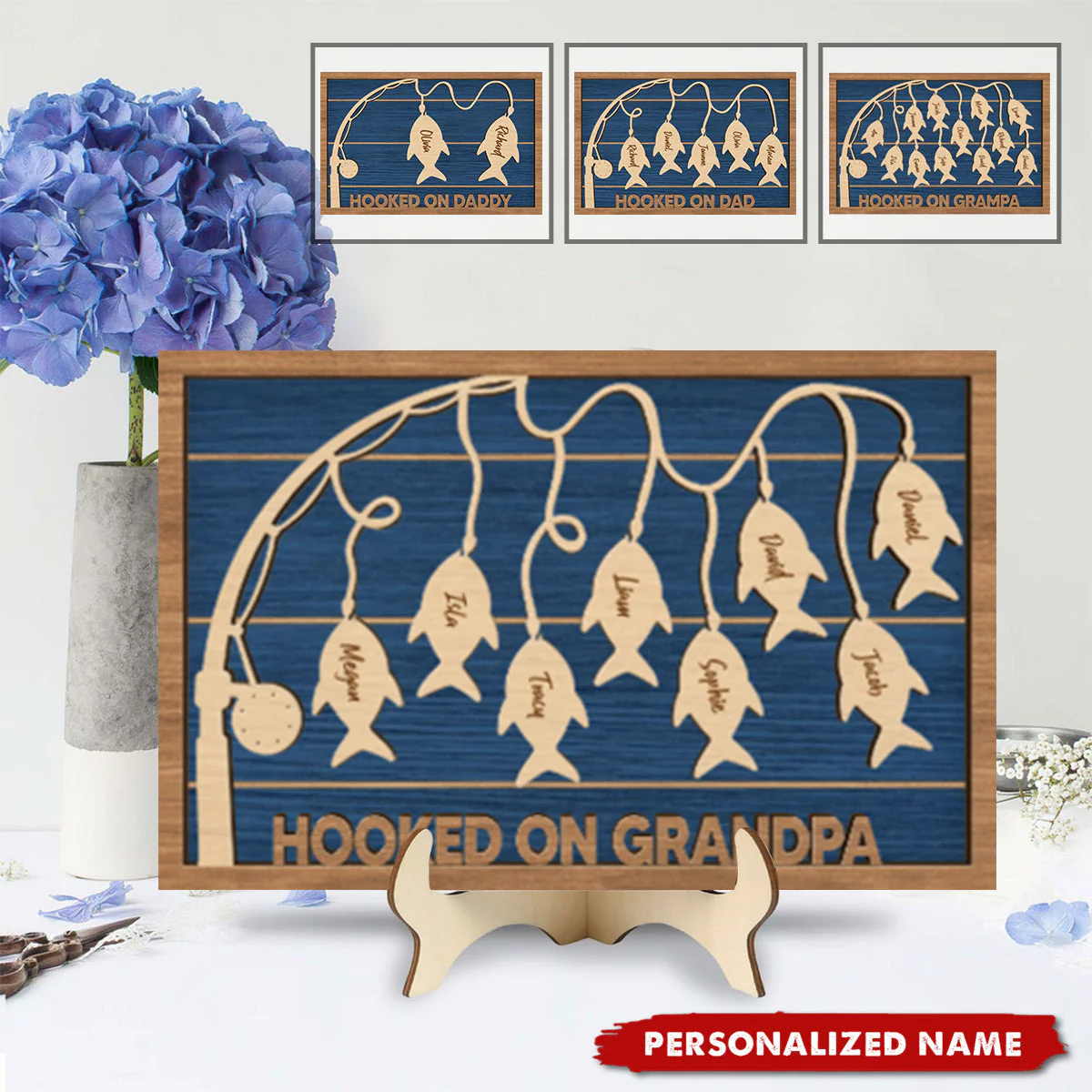 Hooked On Dad Grandpa - Personalized 2-Layered Wooden Plaque With Stand Gift For Father, Grandfather - Image 2