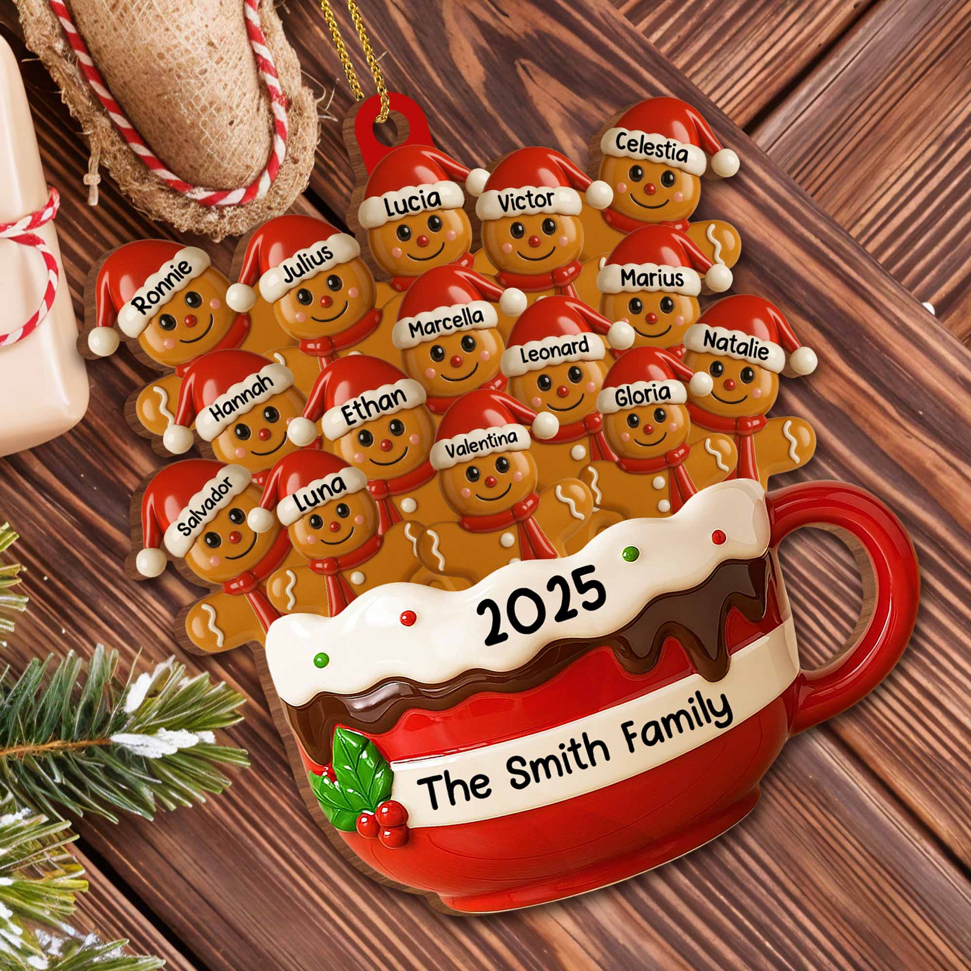 Hot Cocoa Mug With Festive Elves, Personalized Wood Ornament, Gift For Family - Image 2