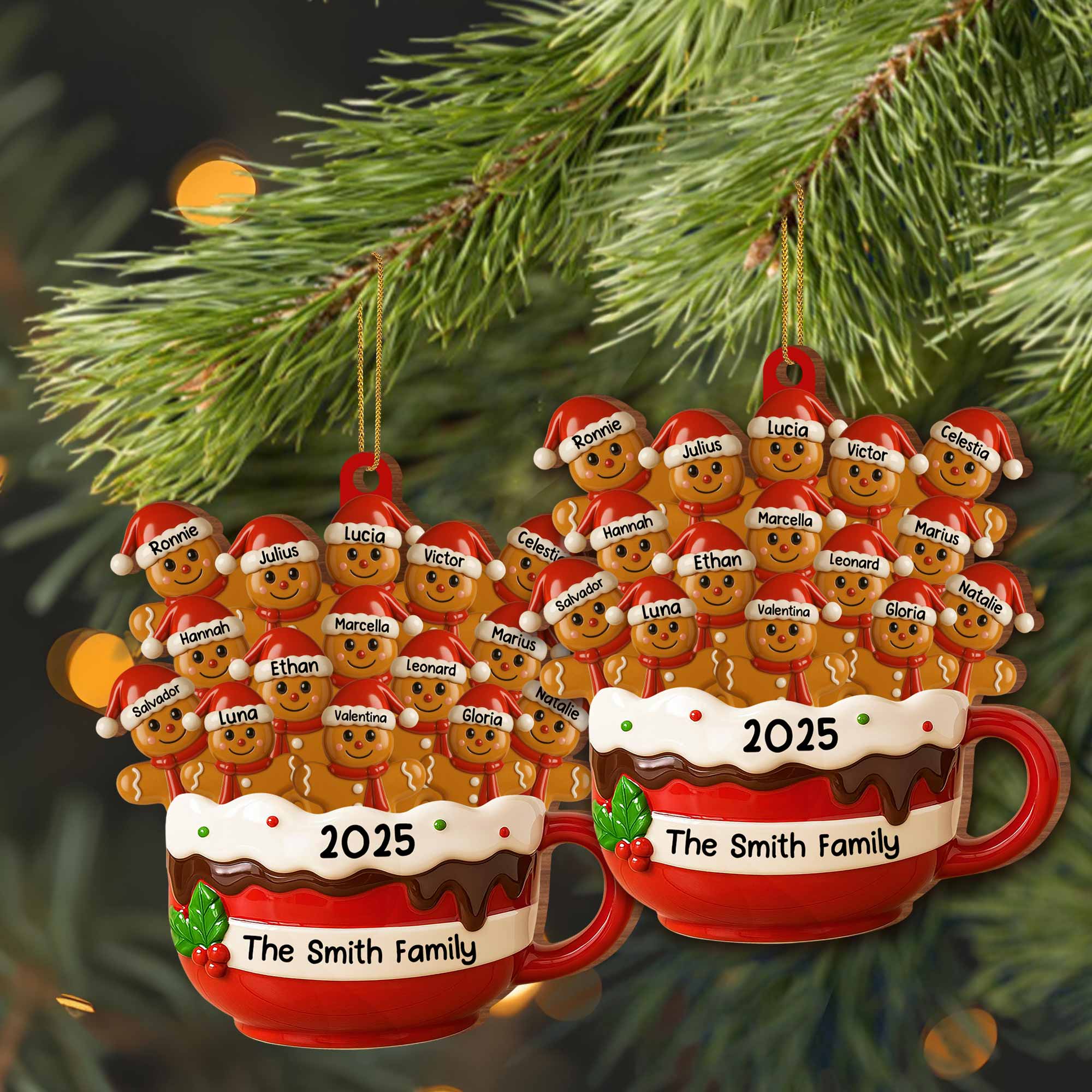 Hot Cocoa Mug With Festive Elves, Personalized Wood Ornament, Gift For Family - Image 3