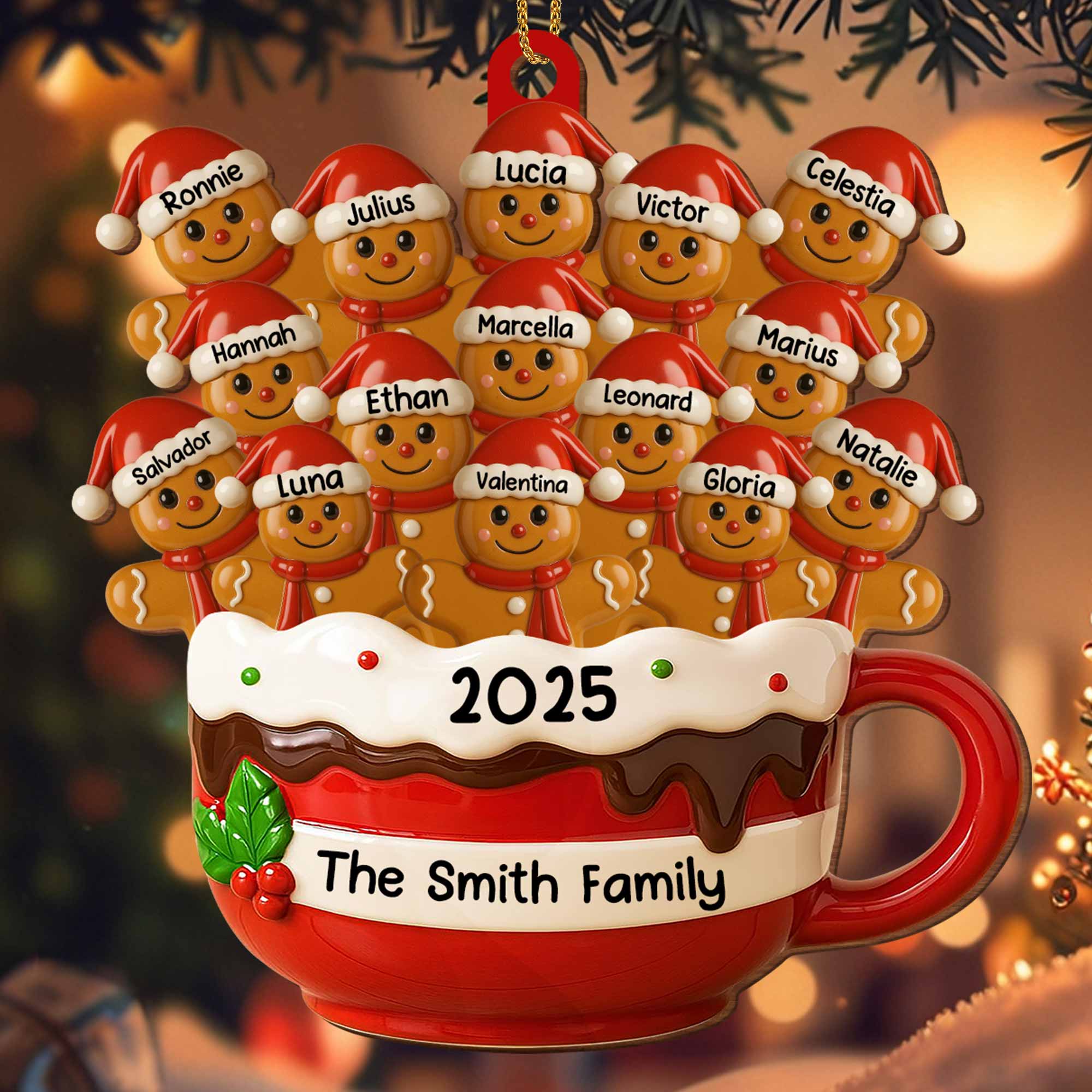 Hot Cocoa Mug With Festive Elves, Personalized Wood Ornament, Gift For Family - Image 4