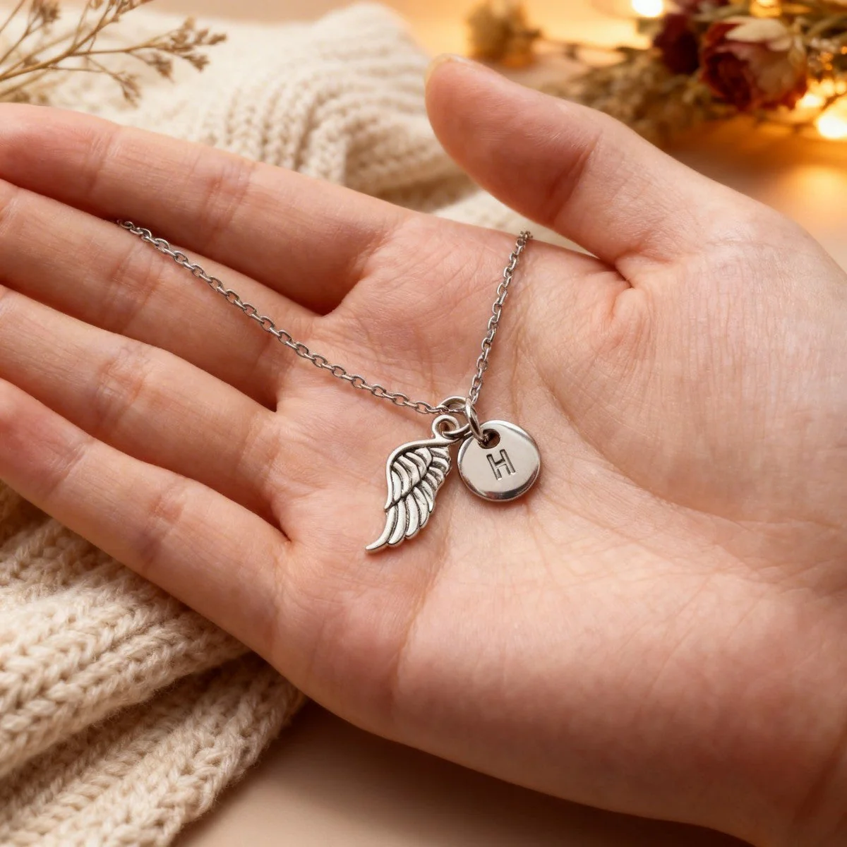 Hug from Heaven Personalized Angel Wings Charm Necklace, Custom Initial Necklace, Sympathy Condolence Gift - Image 4