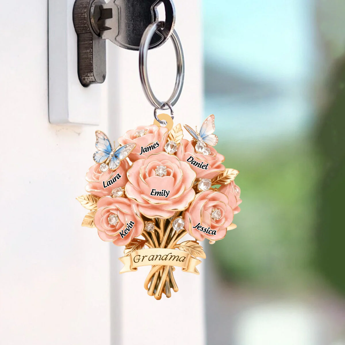 I Love You Mom - Personalized Mother Grandma Bouquet Shaped Keychain - Image 2