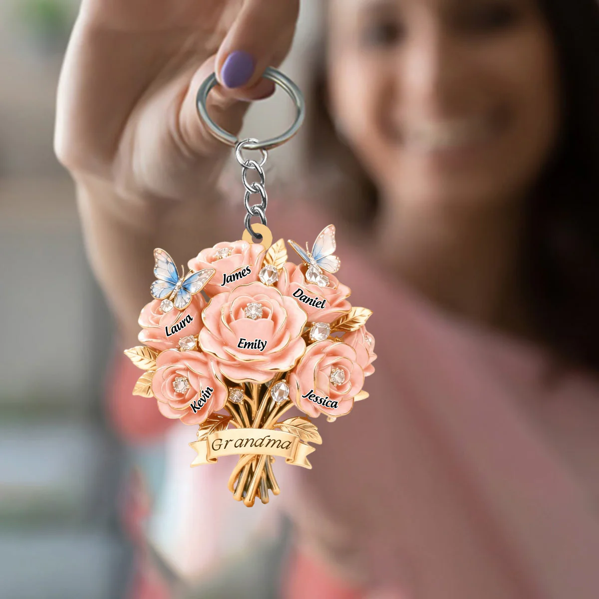 I Love You Mom - Personalized Mother Grandma Bouquet Shaped Keychain - Image 3