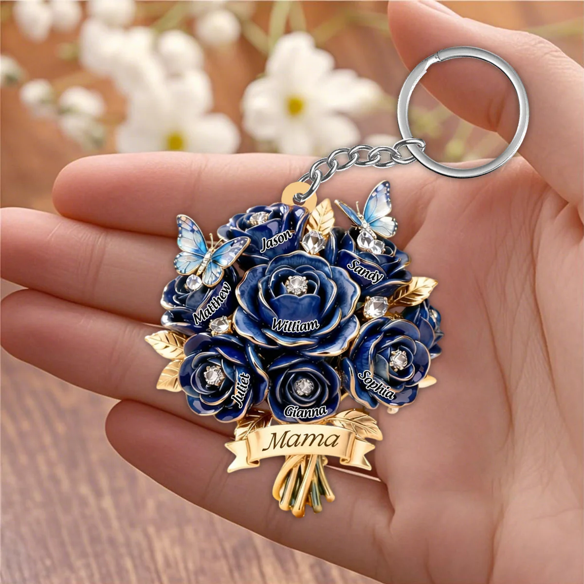 I Love You Mom - Personalized Mother Grandma Bouquet Shaped Keychain - Image 4