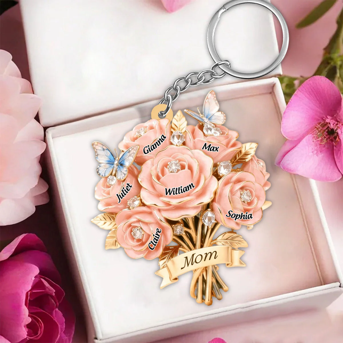 I Love You Mom - Personalized Mother Grandma Bouquet Shaped Keychain - Image 5