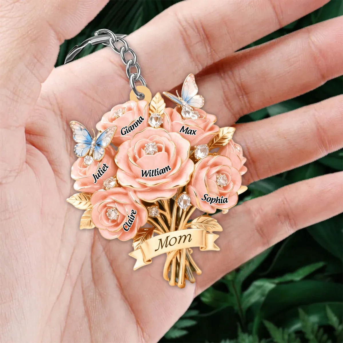 I Love You Mom - Personalized Mother Grandma Bouquet Shaped Keychain - Image 7