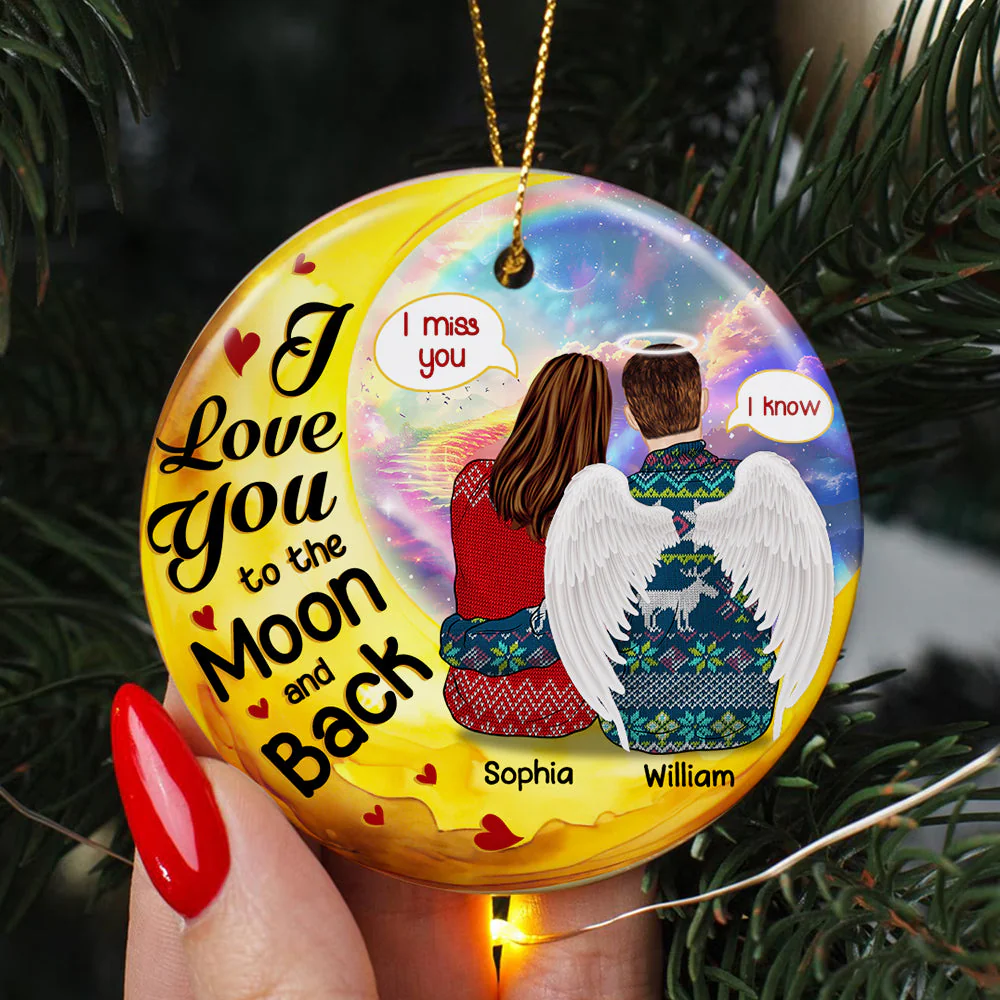 I Love You to the Moon and Back Couple Personalized Christmas Ceramic Ornament - Image 2